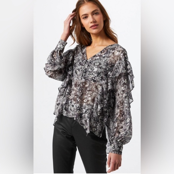 The Kooples Paris Women's Long Sleeve Button Down Floral Ruffle Blouse EU 2/ S - Picture 1 of 12